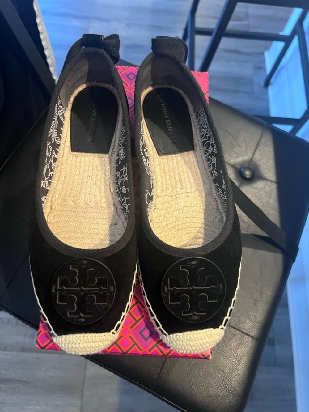 Tory Burch Black Espadrille Ballet Flats with Logo Medallion